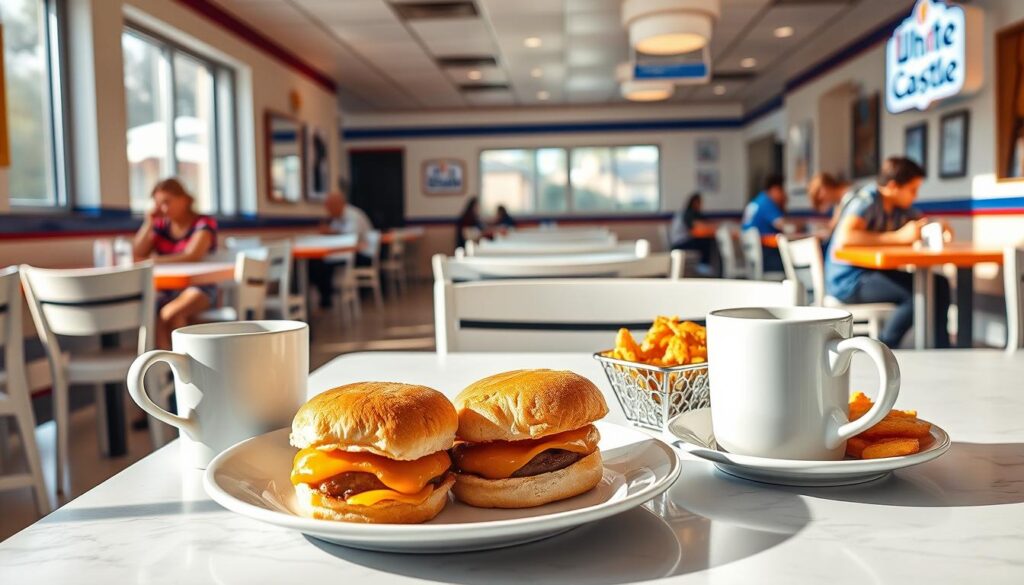 A cozy morning scene of a White Castle restaurant interior, bathed in warm, natural lighting. The foreground features a table with a plate of White Castle breakfast sliders, accompanied by a steaming cup of coffee and a side of crispy hash browns. In the middle ground, customers are seated at various tables, enjoying their breakfast meals. The background showcases the restaurant's classic white and red color scheme, with a clean, well-maintained atmosphere. The overall mood is one of inviting comfort and the satisfying start to the day.
