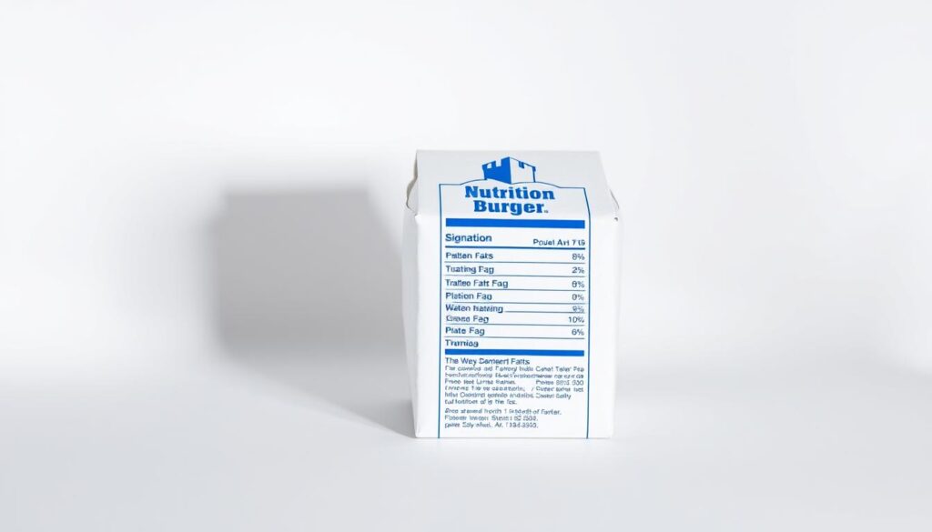 A crisp, clean-lined image of a white cardboard nutrition information label against a smooth, minimalist background. The label displays the detailed nutritional facts for a signature White Castle burger, with the brand's iconic castle logo prominently featured. Soft, diffused lighting highlights the label's clear typography and precise numerical data, conveying a sense of transparency and attention to detail. The overall composition emphasizes the importance of providing accurate, easily accessible nutritional information to health-conscious consumers.