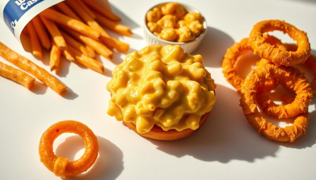 A crisp, well-lit close-up of an assortment of White Castle side dishes, including golden-brown french fries, creamy mac and cheese, and tender onion rings. The items are artfully arranged on a plain white background, casting soft shadows and highlighted by warm, natural lighting that accentuates their textures and colors. The composition is balanced and inviting, conveying the classic, comforting appeal of White Castle's signature side offerings.