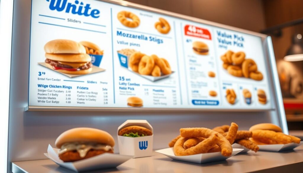 A crisp, well-lit image of a White Castle menu board, showcasing a variety of meal combos and individual menu items. The menu is displayed on a sleek, modern white board with a clean, minimalist design. The foreground features close-up views of several popular meal sets, including the classic Sliders, Chicken Rings, and Mozzarella Sticks, presented in an appetizing and visually appealing manner. The middle ground captures the overall menu layout, highlighting the various meal and value-pick options available. The background subtly suggests the warm, cozy ambiance of a White Castle restaurant, with hints of the signature red and white color scheme. The lighting is soft and natural, emphasizing the menu's visual appeal and the inviting atmosphere. The overall composition and attention to detail create a visually striking and mouthwatering representation of the White Castle menu.