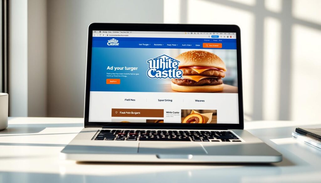 A high-resolution photograph of the White Castle website displayed on a laptop screen with a sleek, modern design. The website's home page is prominently featured, showcasing the classic White Castle logo, menu items, and user-friendly navigation. The laptop is placed on a clean, minimalist desk, with soft, diffused lighting creating a warm, inviting atmosphere. The scene conveys a sense of effortless digital accessibility, highlighting the website's intuitive interface and the convenience of ordering White Castle's famous burgers online.