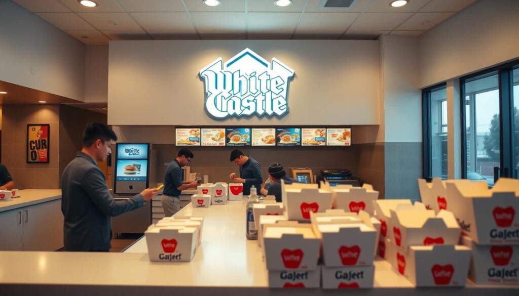 A modern, well-lit interior of a White Castle restaurant, with a focus on the takeout and delivery section. The scene showcases the iconic White Castle logo, a sleek and minimalist counter, and employees efficiently handling online orders and packaging food in distinctive white and red boxes. The atmosphere is one of efficiency, convenience, and the brand's signature sliders. The camera angle is slightly elevated, providing a clear view of the entire setup, with soft, warm lighting illuminating the scene.