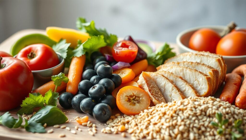 A nutritious meal featuring a balanced arrangement of fresh fruits, vibrant vegetables, lean protein, and whole grains. The composition is captured in soft, natural lighting, with a shallow depth of field that gently blurs the background. The scene exudes a calming, wholesome atmosphere, inviting the viewer to consider the importance of mindful, nourishing dietary choices. The image conveys the idea of a balanced, healthy lifestyle through the careful selection and placement of the culinary elements.